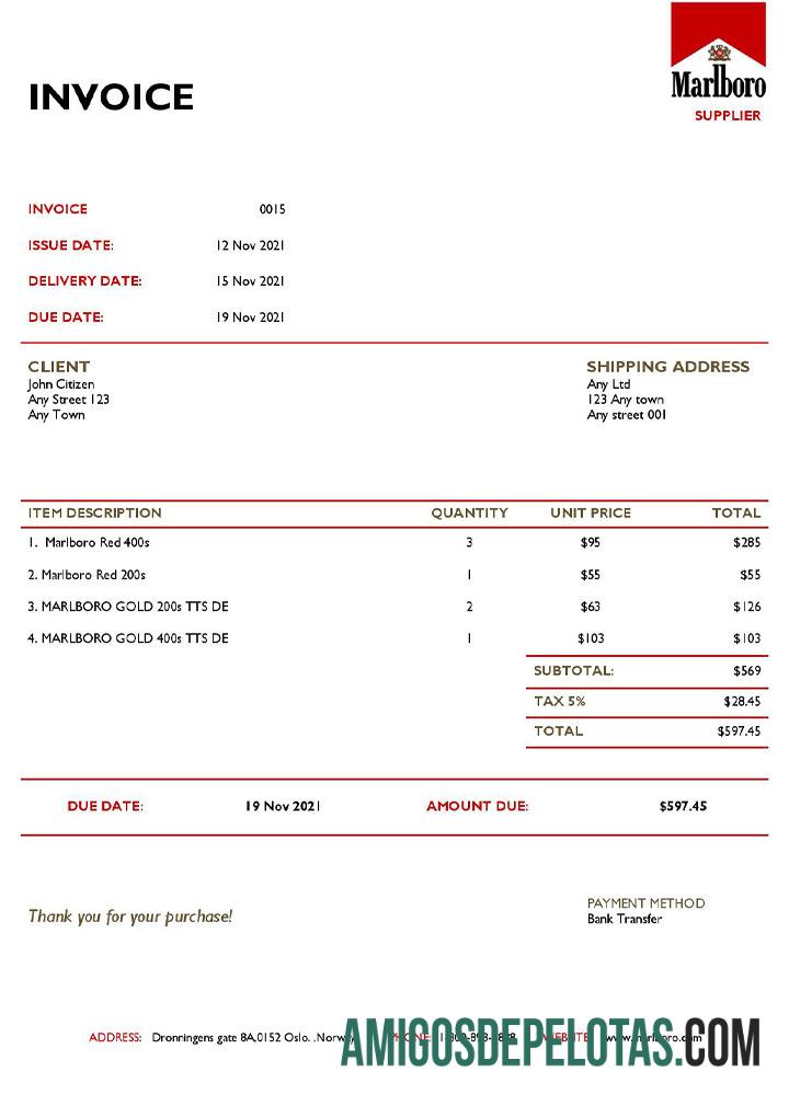 em branco Modelo de fatura Marlboro dos EUA